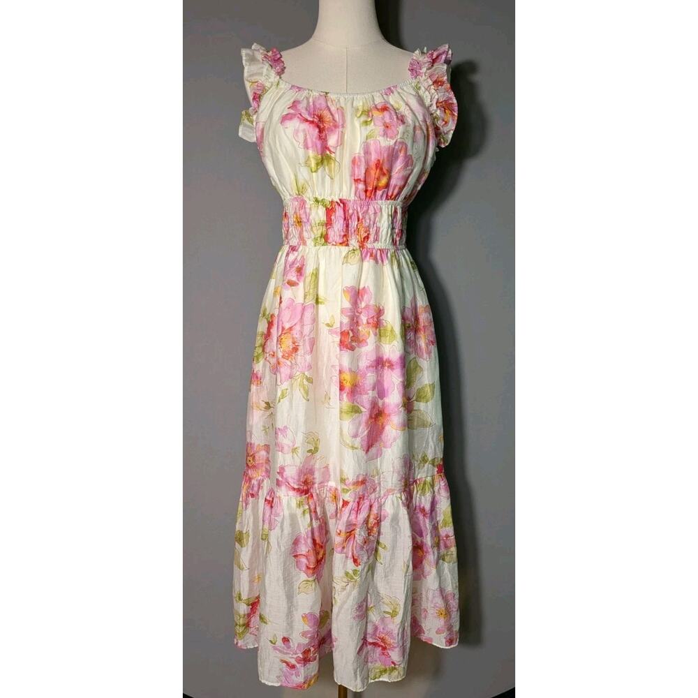 White Pink Floral Ruffle Tiered Midi Dress Cottagecore Romantic Sundress M Apprx